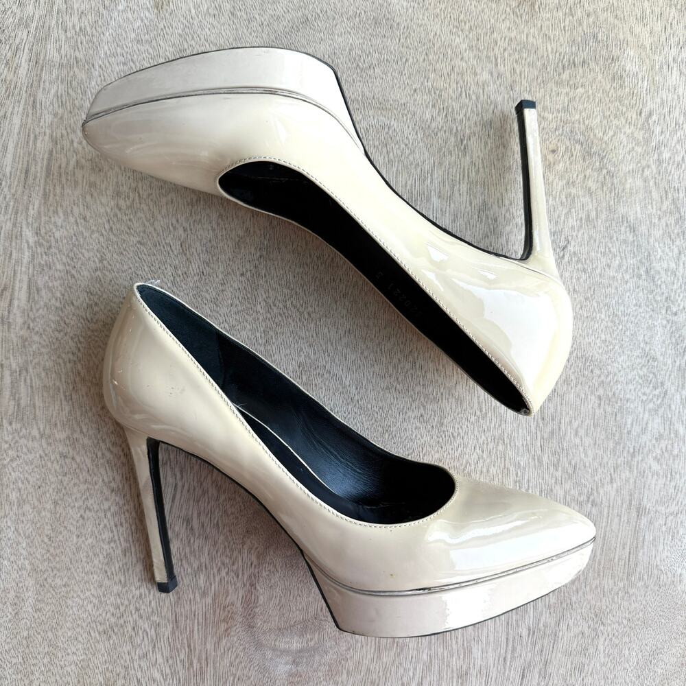 SAINT LAURENT Paris Platform Heels Nude Patent Leather Size 37.5 Italy Glam - Picture 12 of 12